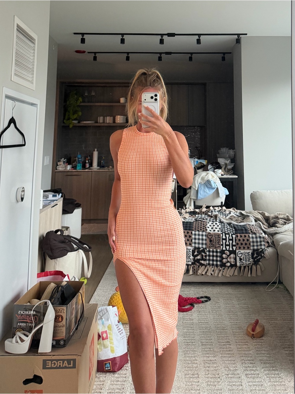 Aritzia Wilfred Orange Gingham Midi Dress